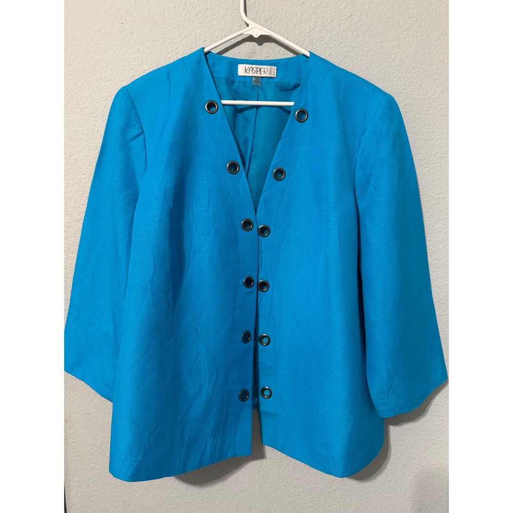 Kasper Womens 20W Blazer Jacket Turquoise Linen Blend Grommet Detail Open Front